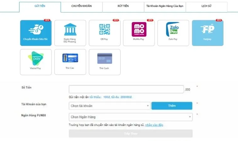 Giao diện nạp tiền FUN88